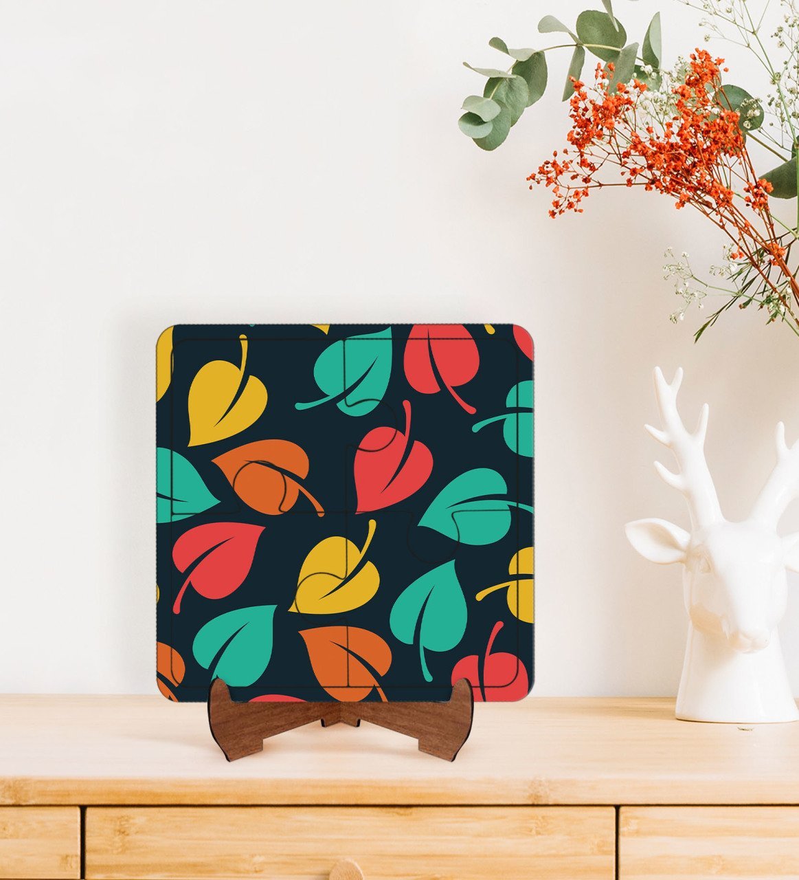 BK Gift Yapraklar Tasarımlı Ahşap Standlı Puzzle Çerçeve-7