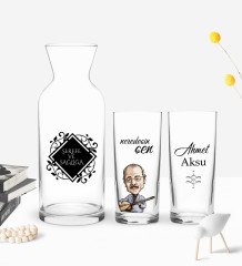 Kişiye Özel Renkli Baskılı Neşet Ertaş Tasarımlı İkili Rakı Bardağı ve Karaf Hediye Seti-1