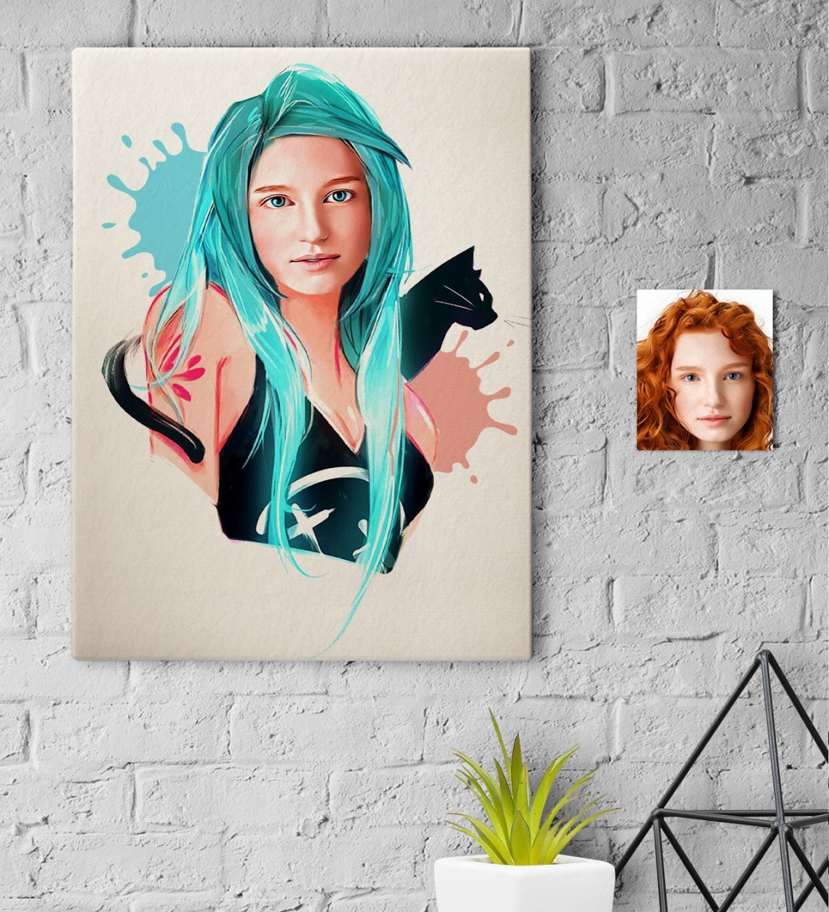 Kişiye Özel Kedili Kız Karikatürlü Kanvas Tablo 30x50cm-1