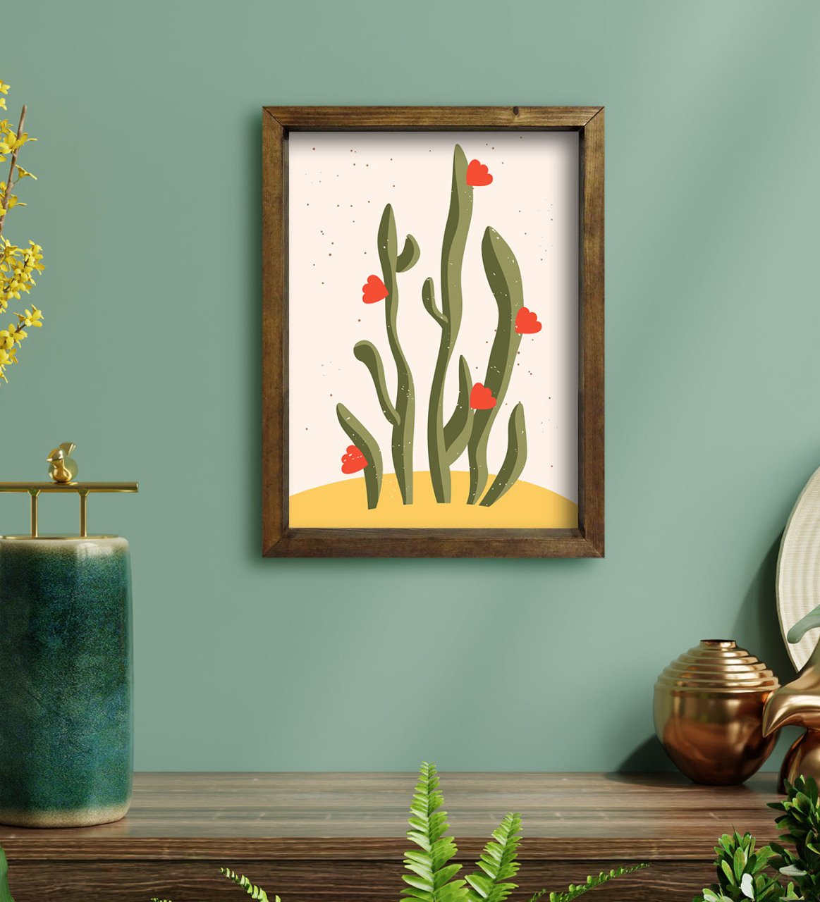 BK Gift Kaktüs Tasarımlı Doğal Masif Ahşap Çerçeveli Tablo 30x40cm-22