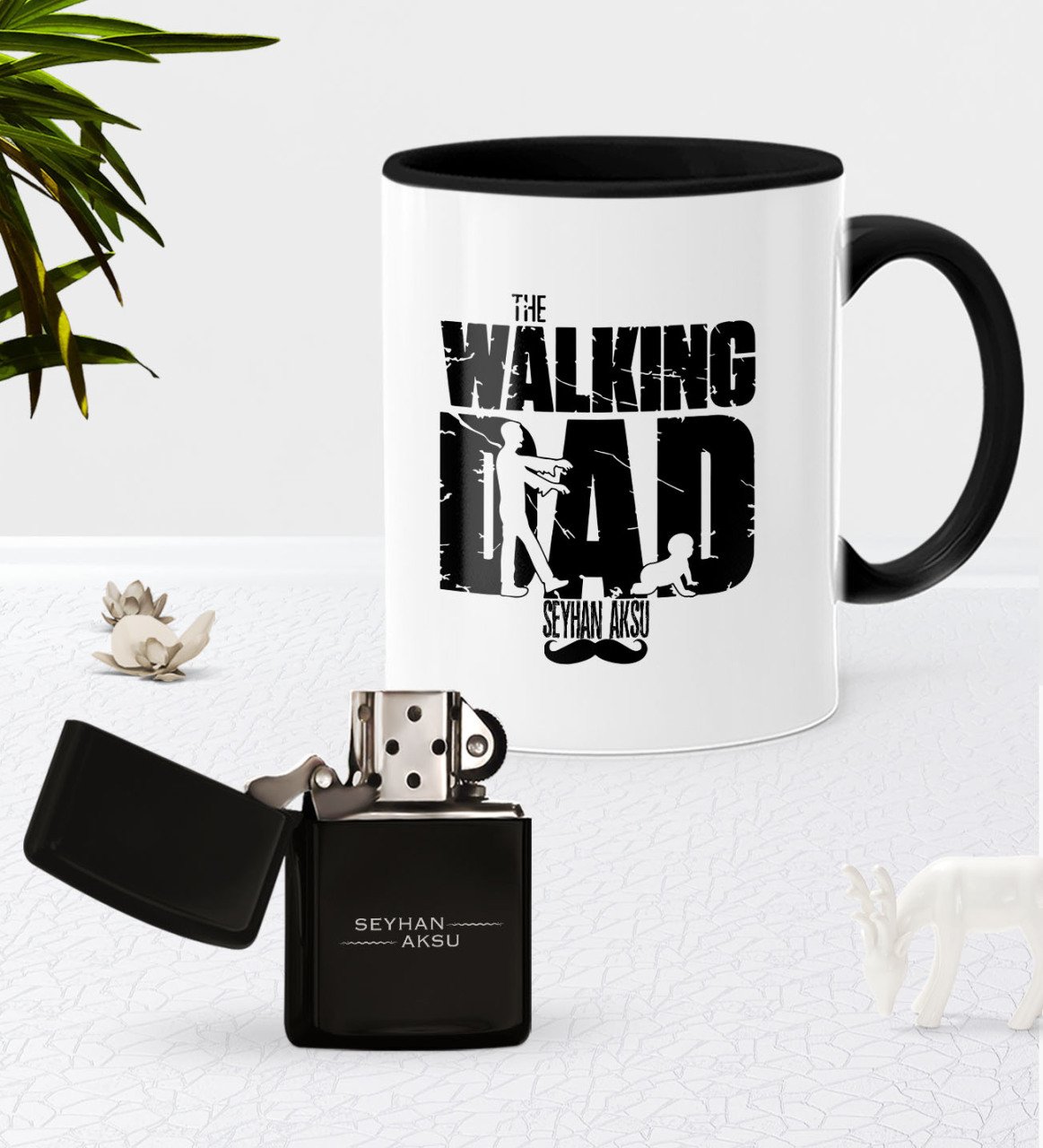 Kişiye Özel The Walking Dad Siyah Kupa Bardak Benzinli Metal Çakmak Seti
