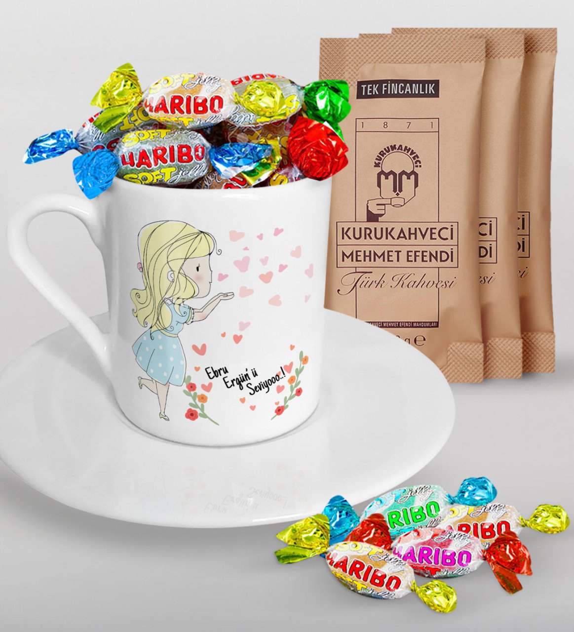 Kişiye Özel Sevgililer Günü Türk Kahvesi Fincanı Mehmet Efendi Kahve ve Haribo Şeker Hediye Seti-60