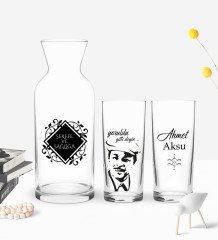 Kişiye Özel Renkli Baskılı Neşet Ertaş Tasarımlı İkili Rakı Bardağı ve Karaf Hediye Seti-2