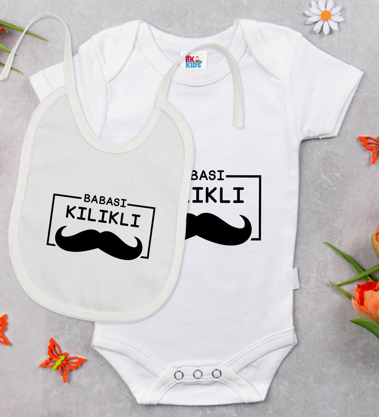 BK Kids Babası Kılıklı Tasarımlı Beyaz Bebek Body Zıbın ve Mama Önlüğü Hediye Seti-1
