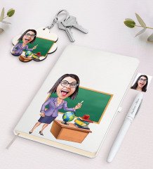 Kişiye Özel Bayan Öğretmen Karikatürlü Beyaz Defter Kalem Ve Anahtarlık Hediye Seti-1