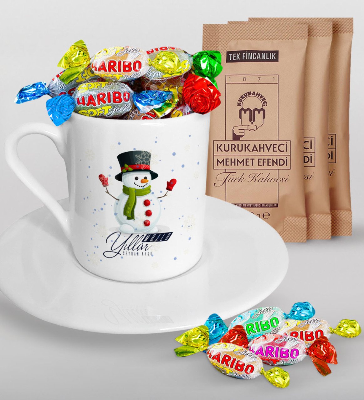 Kişiye Özel Yılbaşı Mutlu Yıllar Türk Kahvesi Fincanı Mehmet Efendi Kahve ve Haribo Şeker Hediye Seti-16