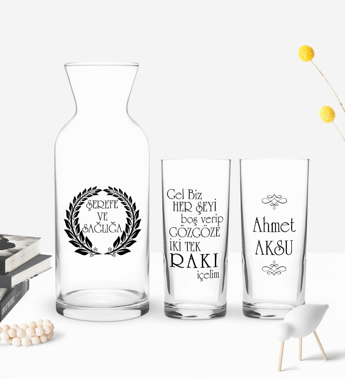 Kişiye Özel Renkli Baskılı Rakı İçelim Tasarımlı İkili Rakı Bardağı ve Karaf Hediye Seti-1