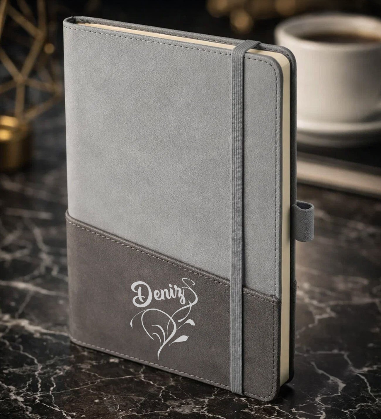 BK Gift Kişiye Özel Gri Termo Deri Defter -5, Kartvizit Bölmeli, Çizgili Ivory Kağıt