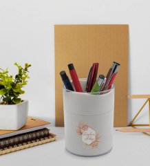 BK Gift Kişiye Özel Çiçek Tasarımlı Beyaz Defter Kalem ve Kalemlik Hediye Seti - Model 16