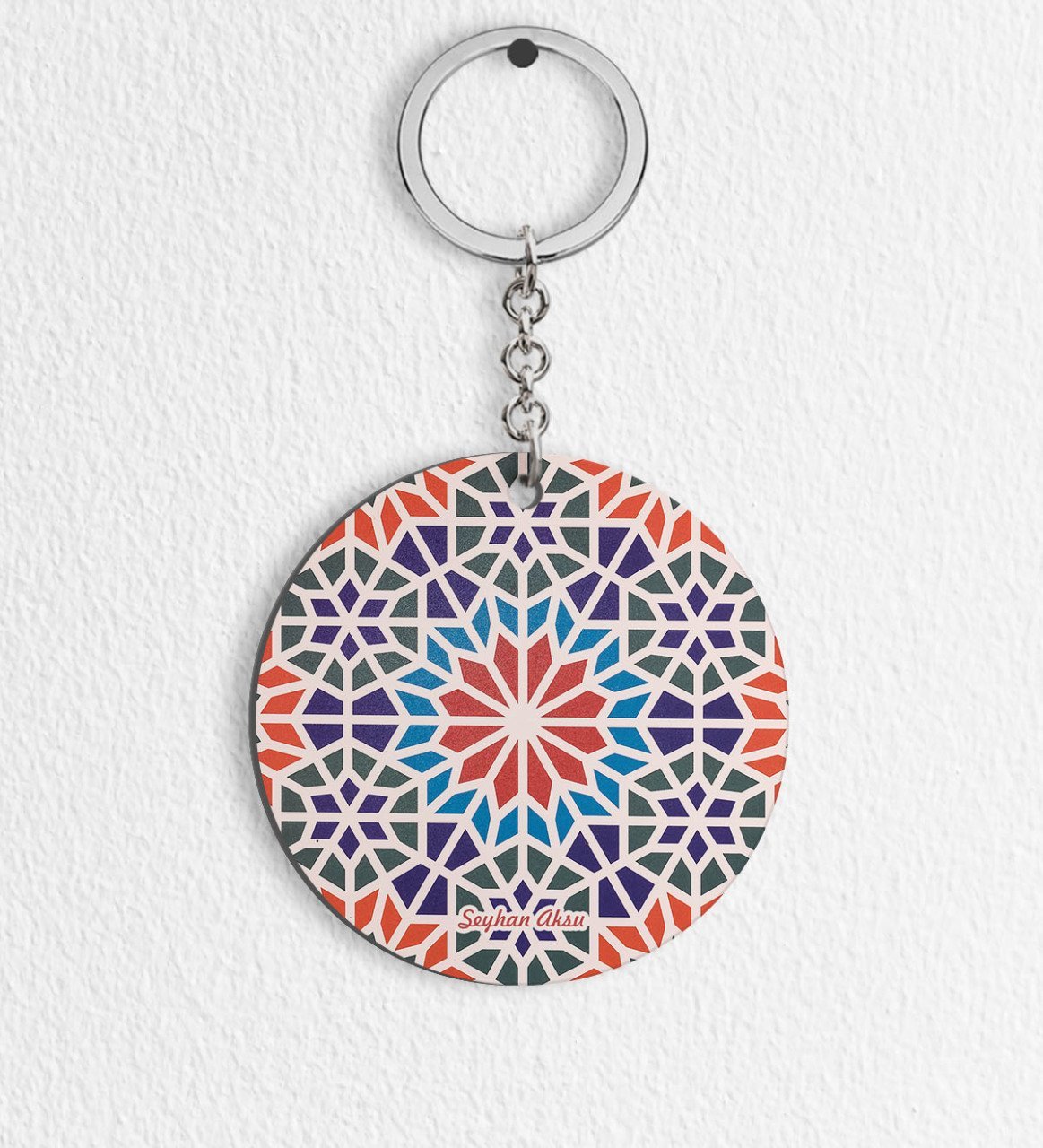 Kişiye Özel Çini Desenli Ahşap Anahtarlık - 19