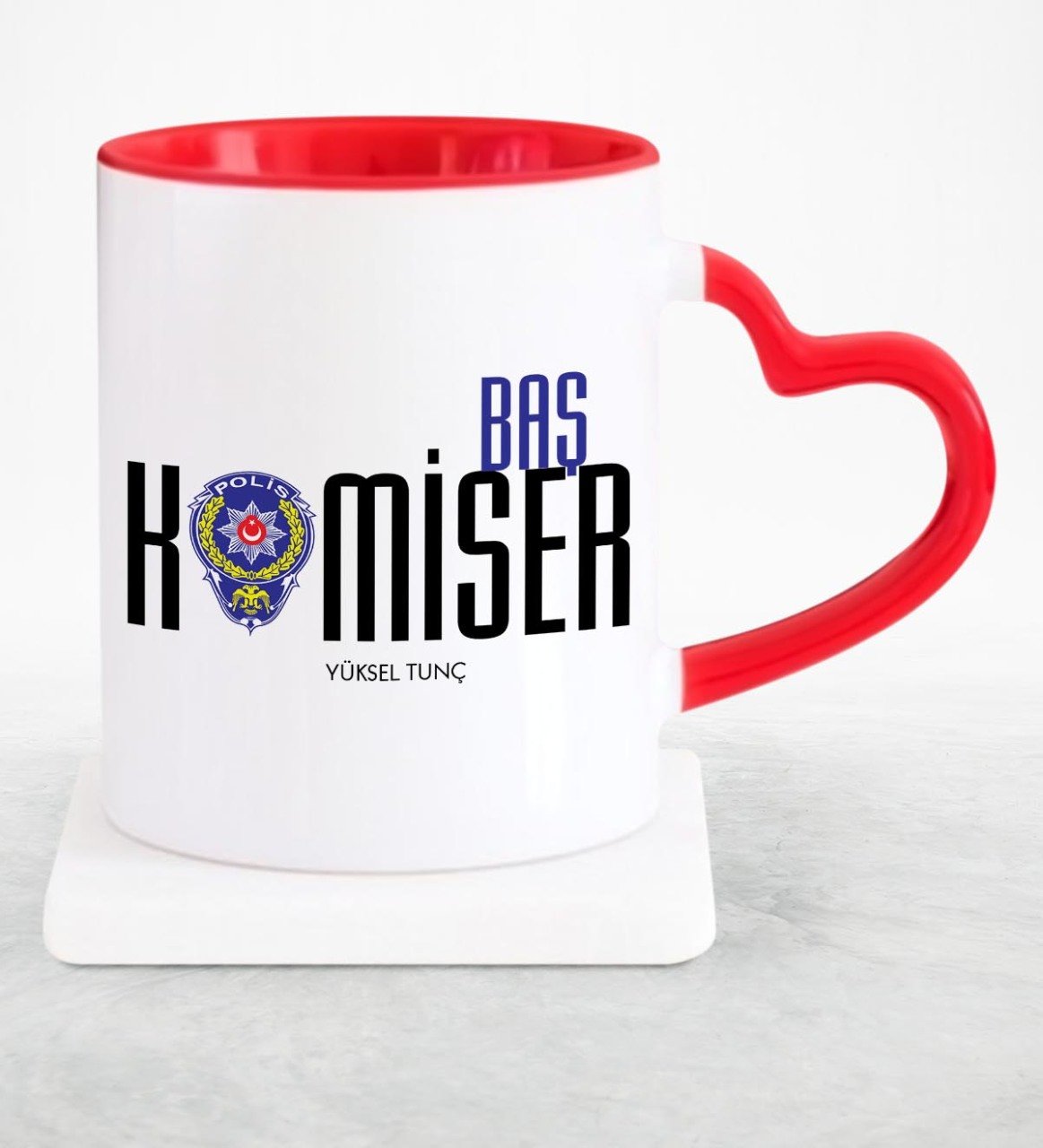 Kişiye Özel Mesleki Başkomiser Kırmızı Kalpli Kupa Bardak