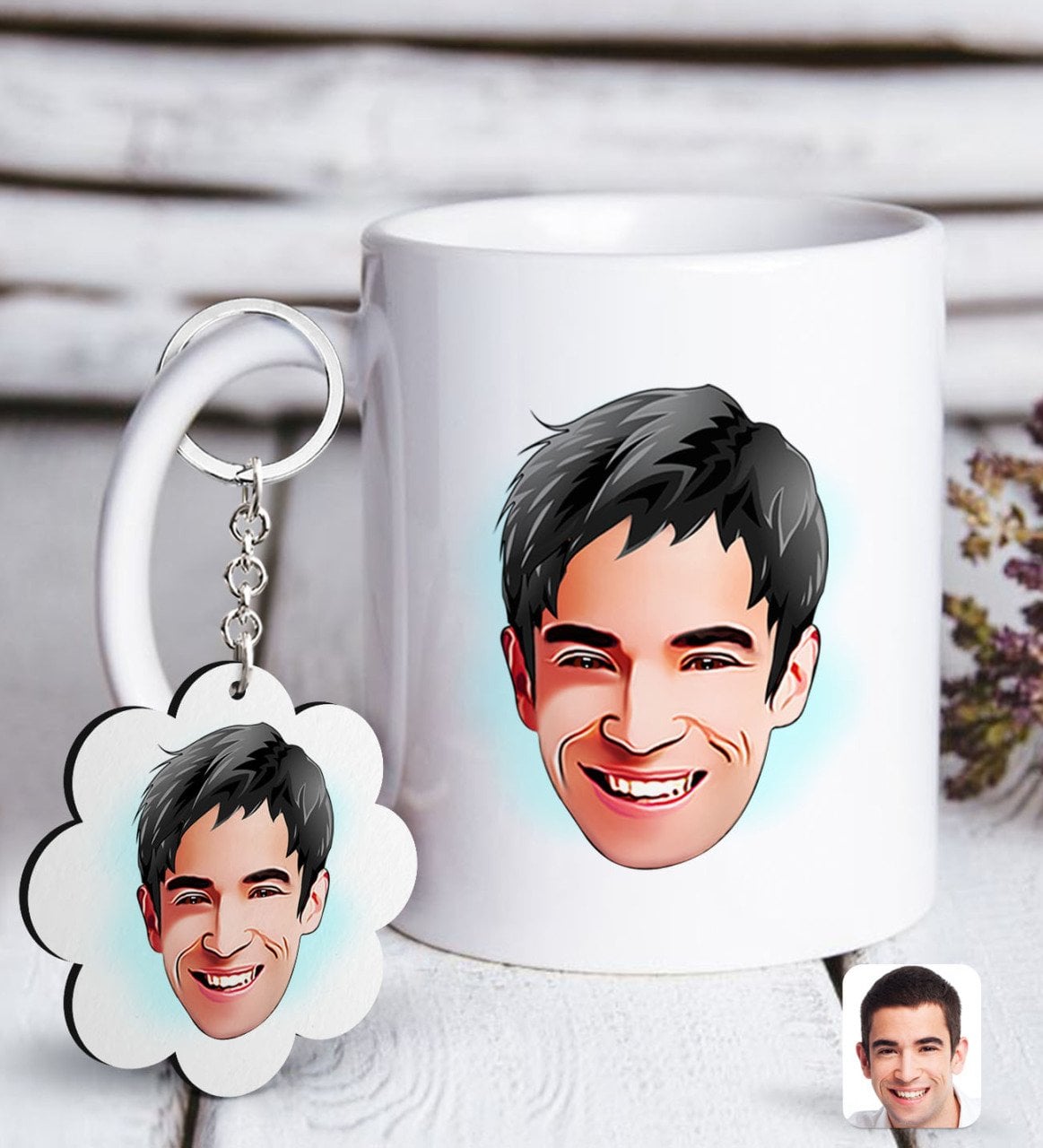 Kişiye Özel Erkek Yüz Karikatürlü Beyaz Kupa ve Anahtarlık Hediye Seti-2
