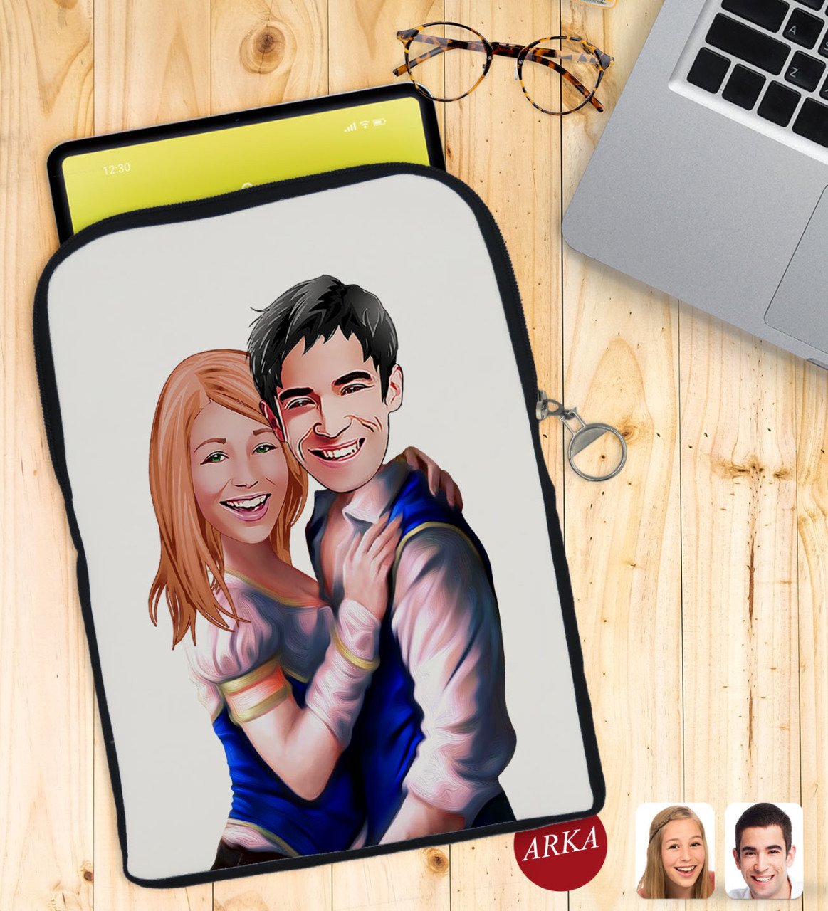 Kişiye Özel Sevgililer Karikatürlü Taşınabilir Koruyucu Tablet Kılıfı & Organizer Çanta - Siyah-36