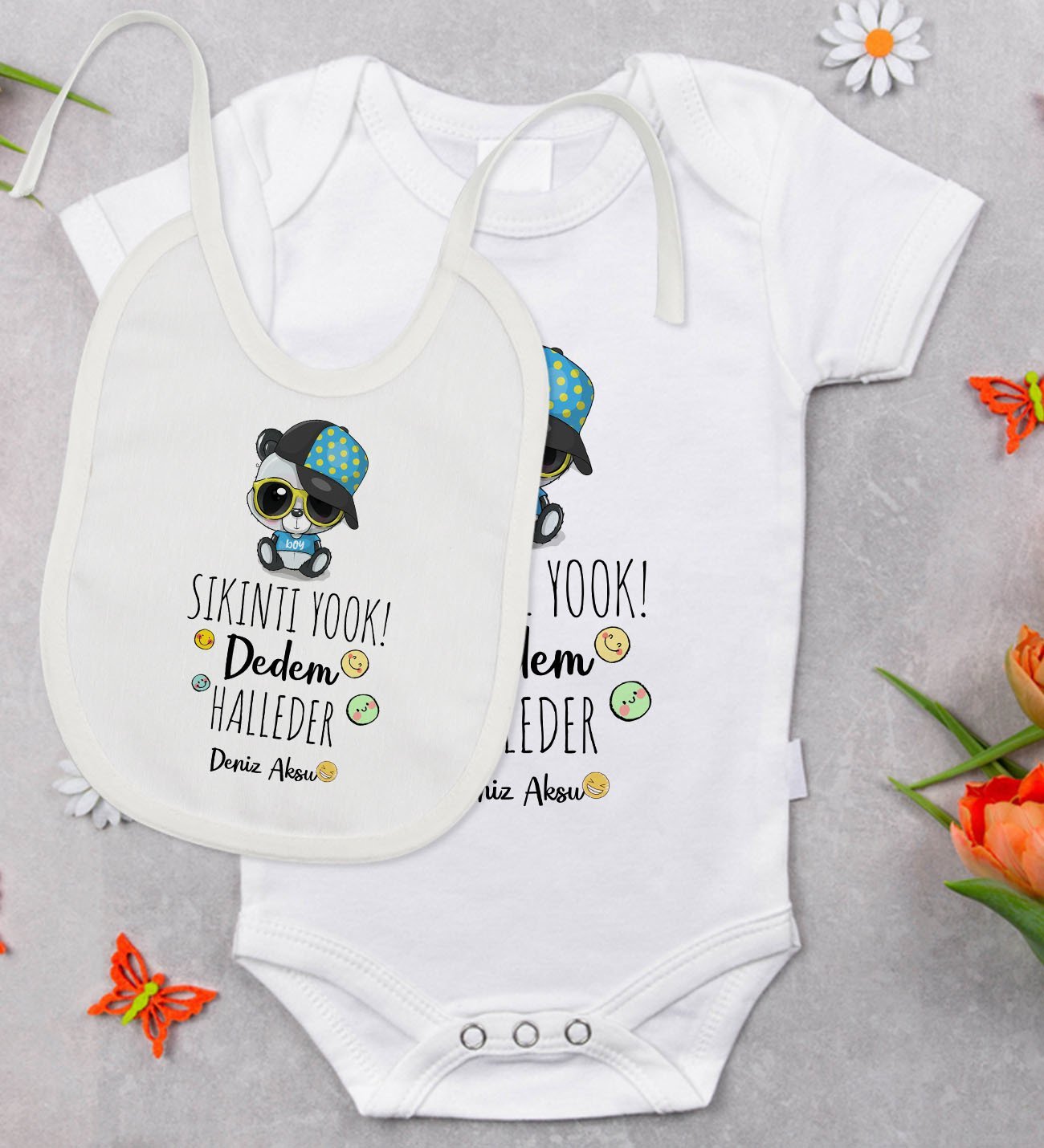 BK Kids Kişiye Özel Sıkıntı Yok Dedem Halleder Tasarımlı Bebek Body Zıbın ve Mama Önlüğü Hediye Seti - Model 1
