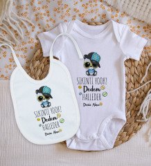 BK Kids Kişiye Özel Sıkıntı Yok Dedem Halleder Tasarımlı Bebek Body Zıbın ve Mama Önlüğü Hediye Seti - Model 1