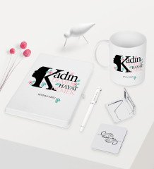 Kişiye Özel Kadınlar Günü Temalı Beyaz Defter Kalem Kupa Ayna Seti - 3