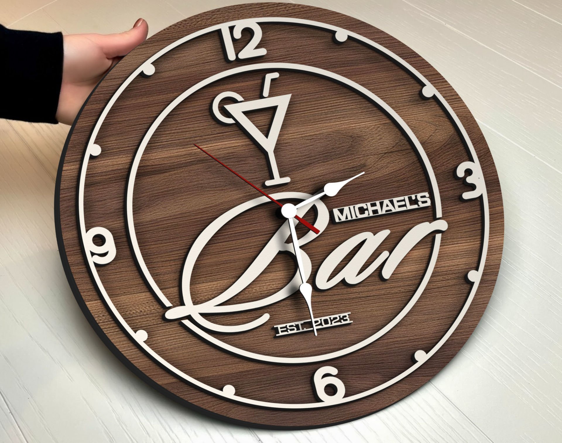 BK Gift Barlara Özel Dekoratif Ceviz Ahşap Duvar Saati 35cm-4 , Bar Duvar Saati , Cafe Duvar Saati , Özel Ahşap Saat