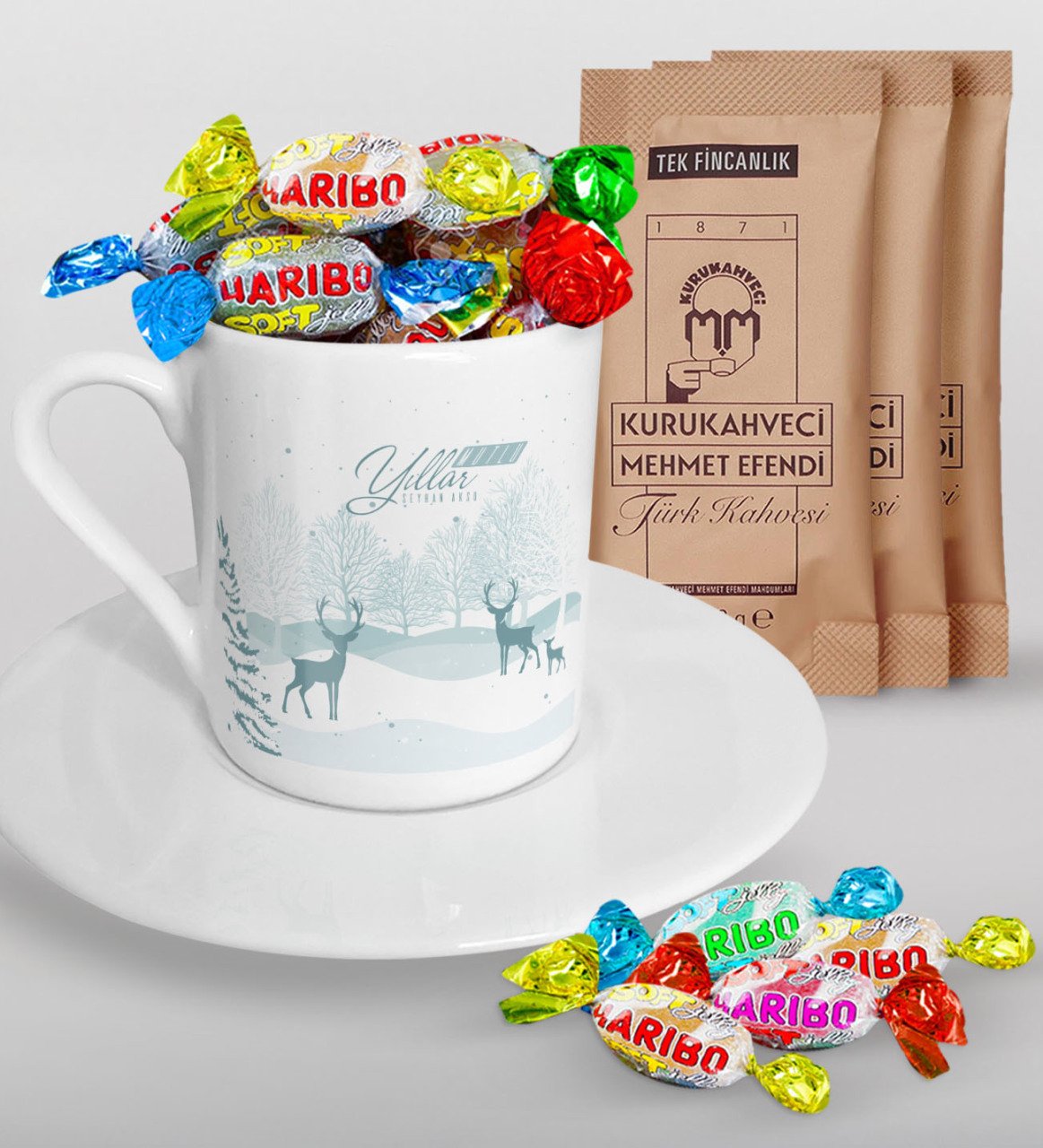 Kişiye Özel Yılbaşı Mutlu Yıllar Türk Kahvesi Fincanı Mehmet Efendi Kahve ve Haribo Şeker Hediye Seti-20