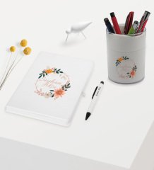 BK Gift Kişiye Özel Çiçek Tasarımlı Beyaz Defter Kalem ve Kalemlik Hediye Seti - Model 20