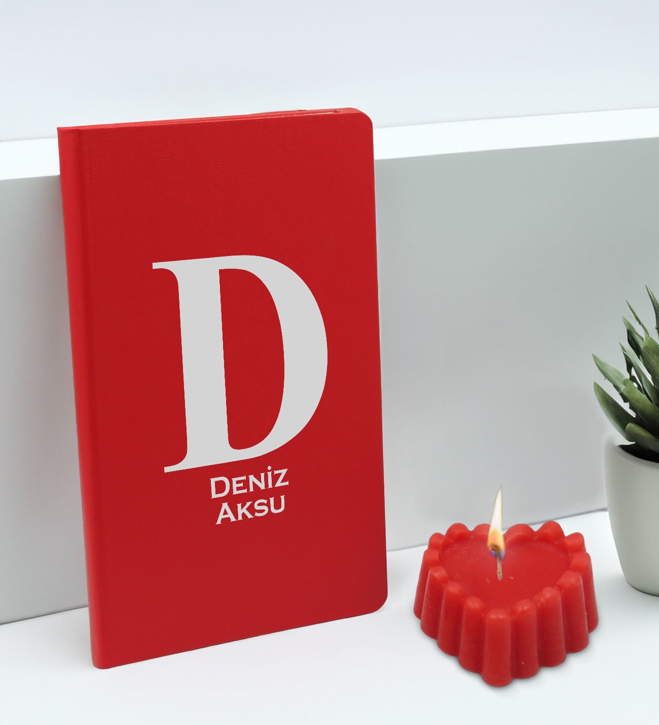 BK Gift Kişiye Özel İsimli Kırmızı Defter ve Kokulu Kalp Mum Hediye Seti-5, Sevgiliye Hediye, Arkadaşa Hediye
