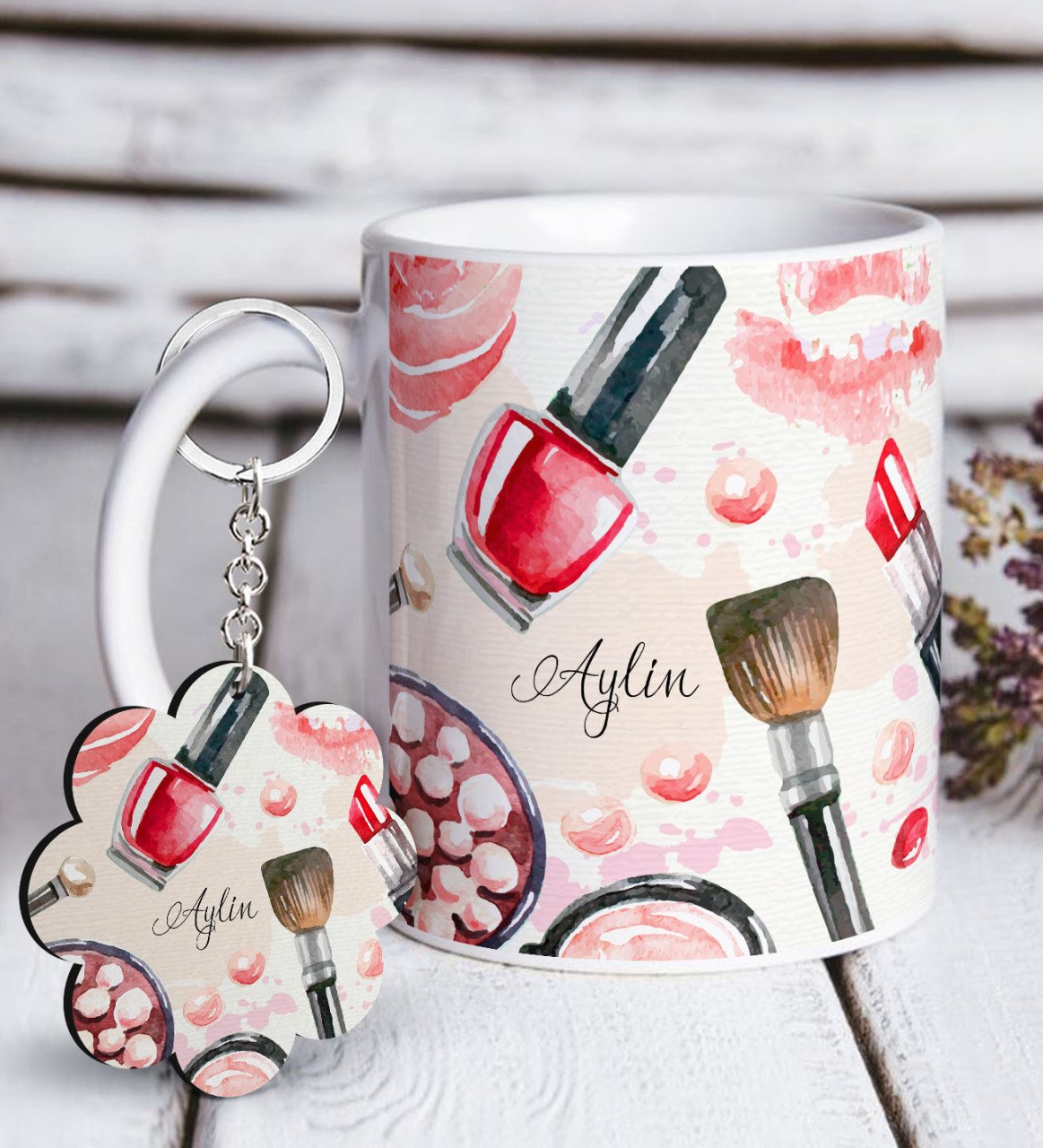 Kişiye Özel Makyaj Tasarımlı Beyaz Kupa ve Anahtarlık Hediye Seti-2