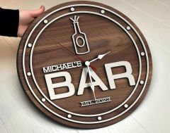 BK Gift Barlara Özel Dekoratif Ceviz Ahşap Duvar Saati 35cm-5 , Bar Duvar Saati , Cafe Duvar Saati , Özel Ahşap Saat