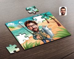 Kişiye Özel Erkek Balıkçı Karikatürlü Ahşap Puzzle-1