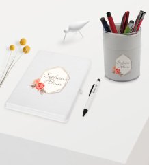 BK Gift Kişiye Özel Çiçek Tasarımlı Beyaz Defter Kalem ve Kalemlik Hediye Seti - Model 21