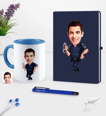 Kişiye Özel Bay Polis Karikatürlü Lacivert Defter Kalem Kupa Seti - 2