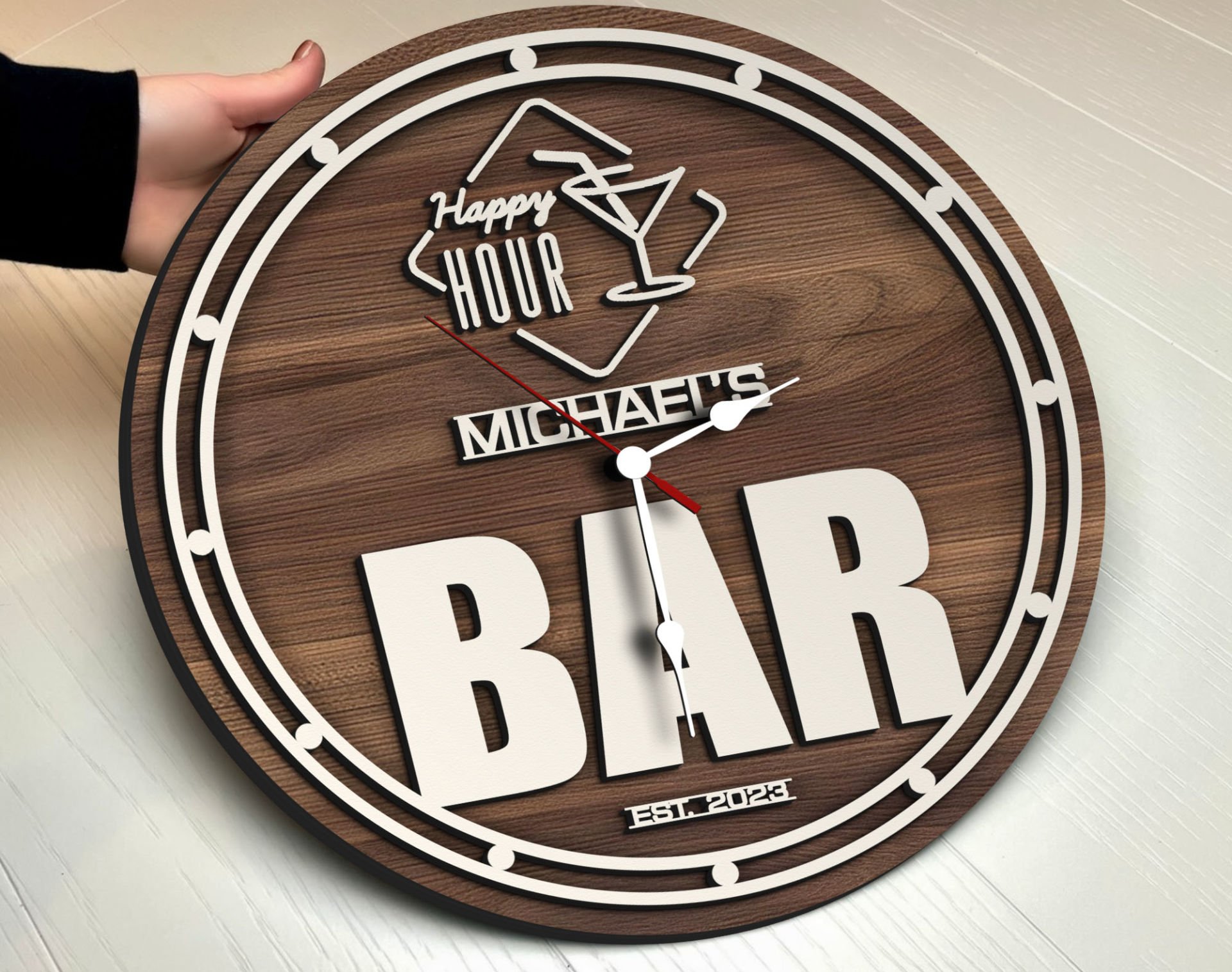 rlara Özel Dekoratif Ceviz Ahşap Duvar Saati 35cm-6 , Bar Duvar Saati , Cafe Duvar Saati , Özel Ahşap Saat