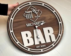 rlara Özel Dekoratif Ceviz Ahşap Duvar Saati 35cm-6 , Bar Duvar Saati , Cafe Duvar Saati , Özel Ahşap Saat