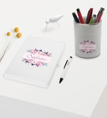 BK Gift Kişiye Özel Çiçek Tasarımlı Beyaz Defter Kalem ve Kalemlik Hediye Seti - Model 22