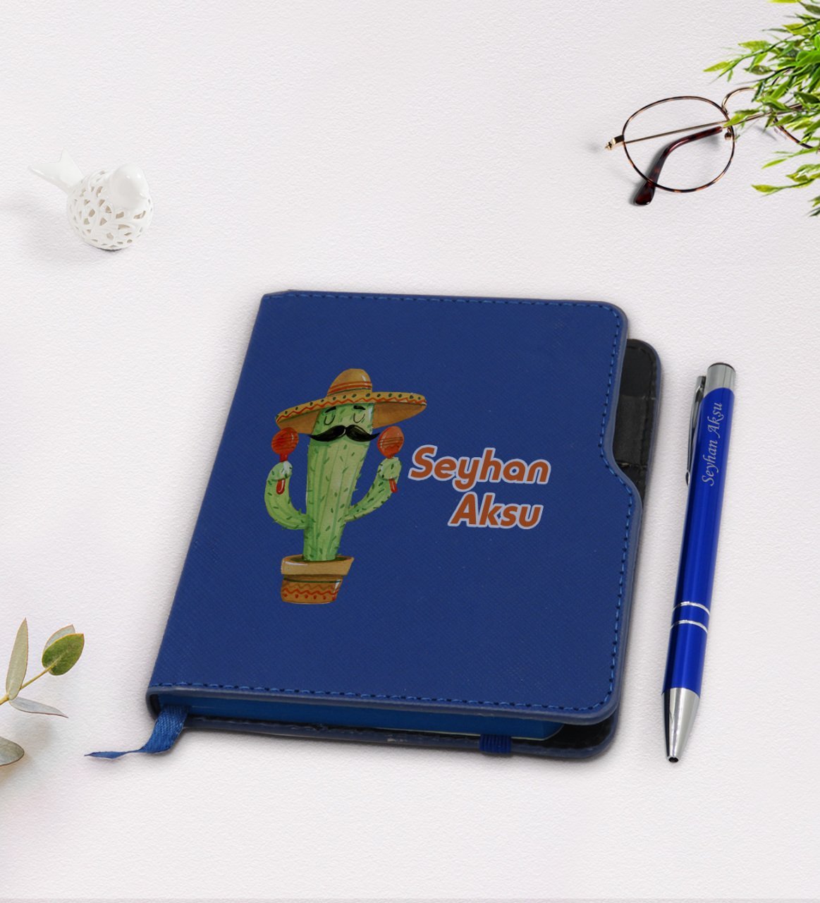 Kişiye Özel Kaktüs Tasarımlı Lacivert Termo Deri Defter Kalem Seti-7