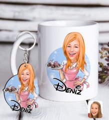 Kişiye Özel Kadın Aşçı Karikatürlü Beyaz Kupa ve Anahtarlık Hediye Seti-4