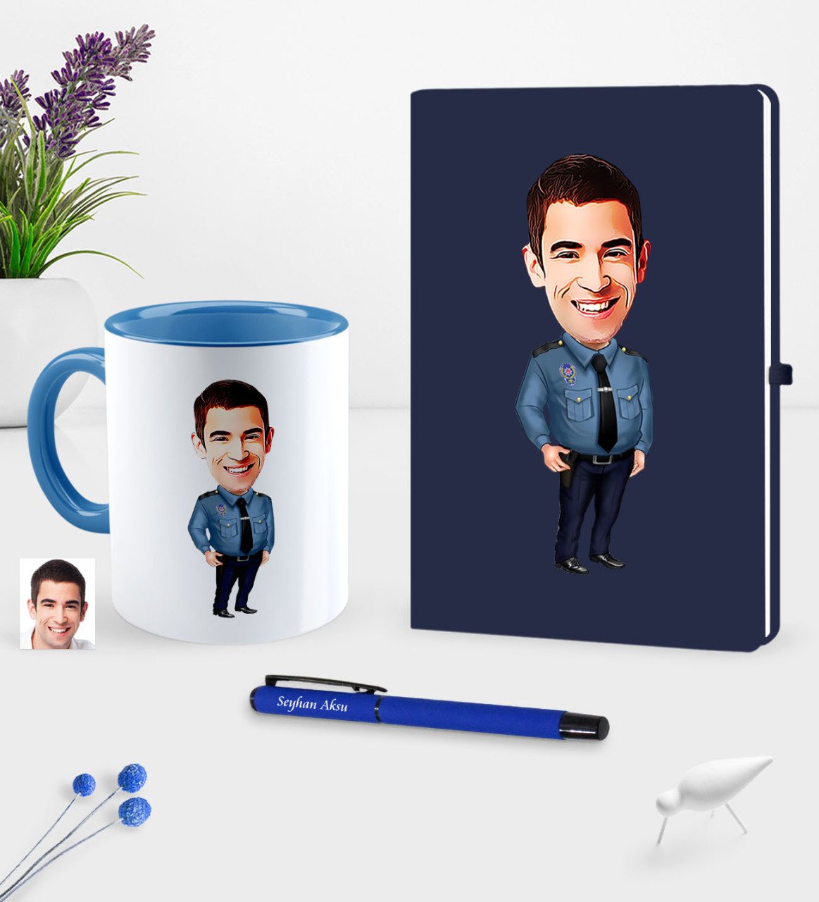 Kişiye Özel Bay Polis Karikatürlü Lacivert Defter Kalem Kupa Seti - 3