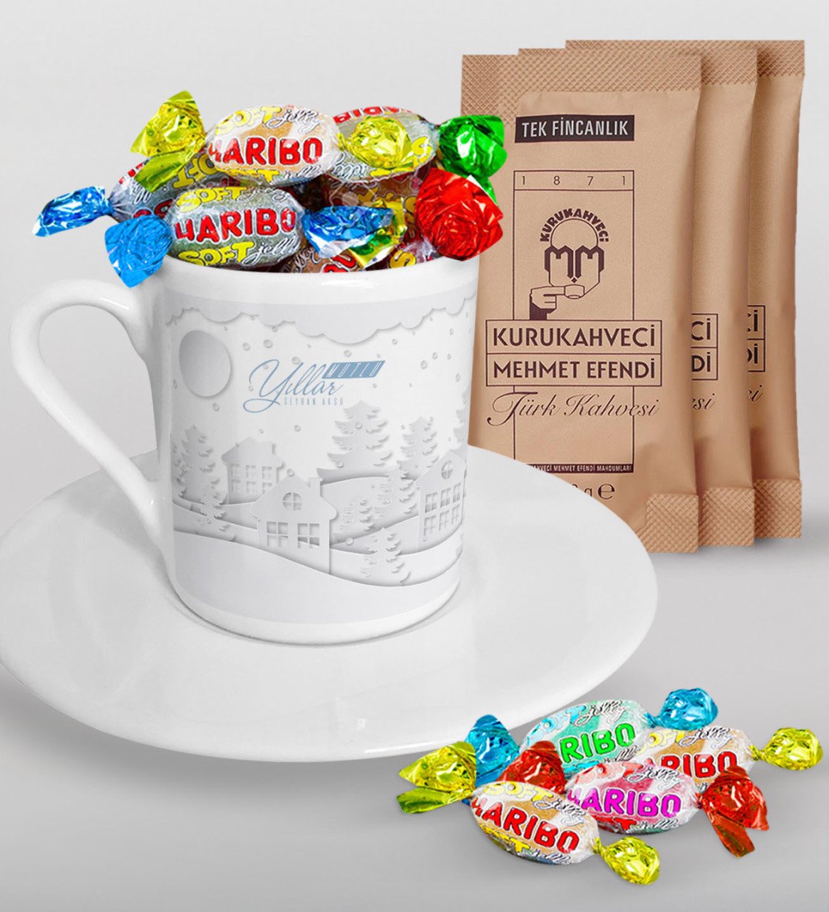 Kişiye Özel Yılbaşı Mutlu Yıllar Türk Kahvesi Fincanı Mehmet Efendi Kahve ve Haribo Şeker Hediye Seti-23