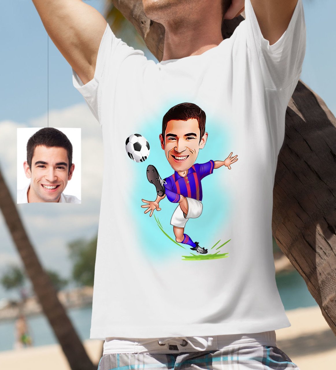 Kişiye Özel Bay Bordo Mavi Futbolcu Karikatür Beyaz Tişört - 1