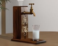 BK Gift Aynalı Altın Kabartma Musluklu Doğal Ceviz Ahşap Rakı Standı, Home Bar, İçecek Dispenseri, Ahşap İçecek Çeşmesi-3