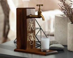 BK Gift Aynalı Altın Kabartma Musluklu Doğal Ceviz Ahşap Rakı Standı, Home Bar, İçecek Dispenseri, Ahşap İçecek Çeşmesi-3