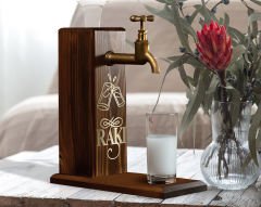 BK Gift Aynalı Altın Kabartma Musluklu Doğal Ceviz Ahşap Rakı Standı, Home Bar, İçecek Dispenseri, Ahşap İçecek Çeşmesi-3