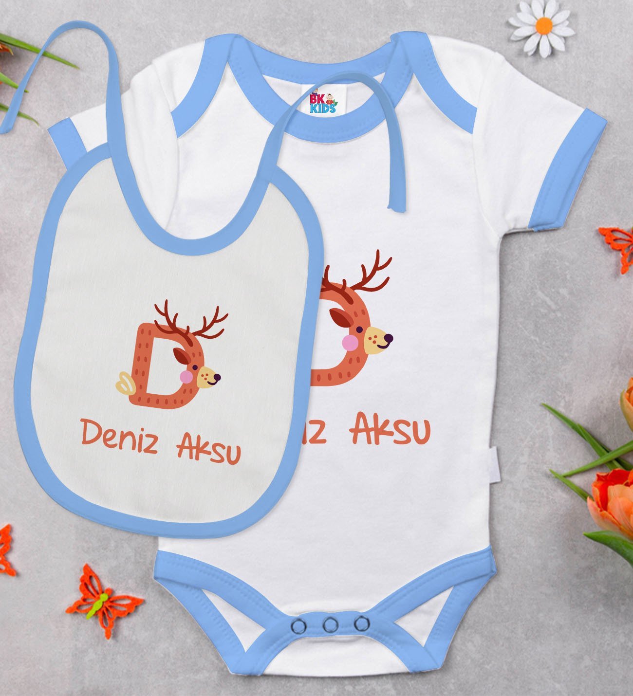 BK Kids Kişiye Özel Harfli Mavi Bebek Body Zıbın ve Mama Önlüğü Hediye Seti-2