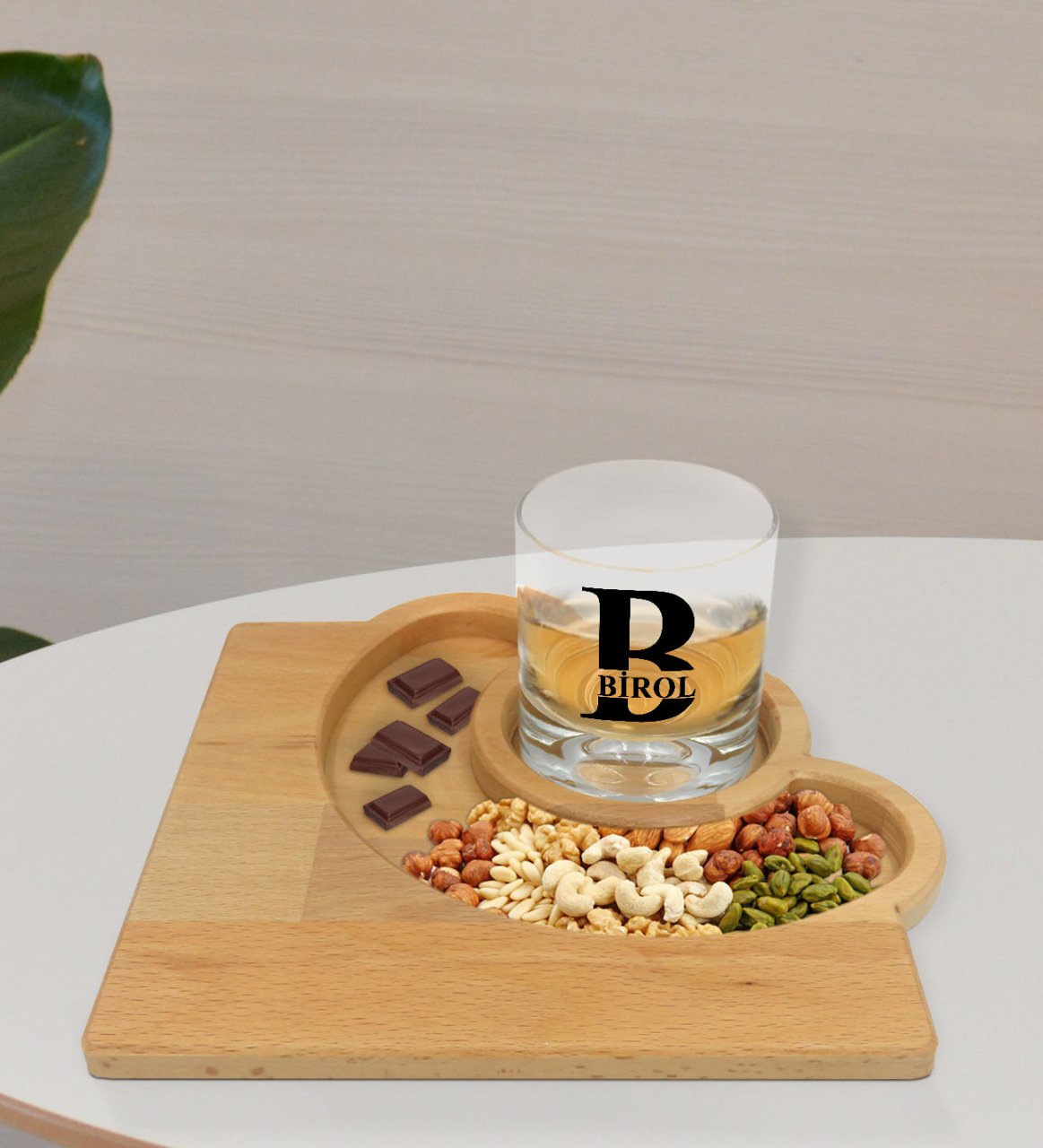 Kişiye Özel İsimli Viski Bardağı ve Doğal Masif Ahşap Yarım Ay Sunum Tabağı Çerezlik Hediye Seti-31