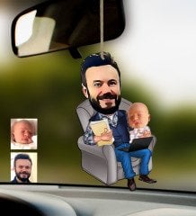 Kişiye Özel Baba Oğul Karikatürlü Ahşap Araba Dikiz Ayna Süsü-1