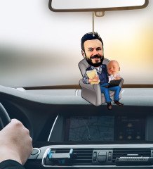 Kişiye Özel Baba Oğul Karikatürlü Ahşap Araba Dikiz Ayna Süsü-1
