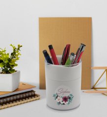 BK Gift Kişiye Özel Çiçek Tasarımlı Beyaz Defter Kalem ve Kalemlik Hediye Seti - Model 25