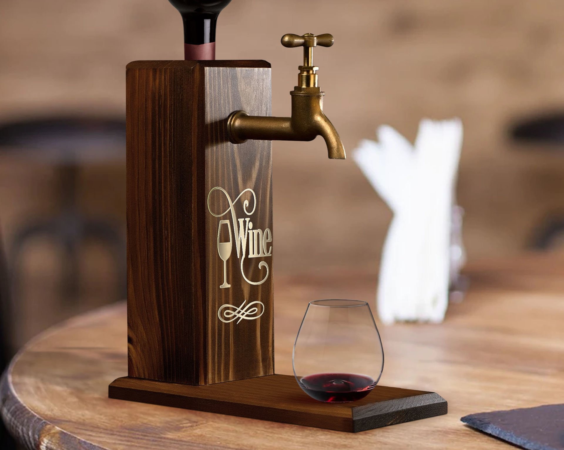 BK Gift Aynalı Altın Kabartma Musluklu Doğal Ceviz Ahşap Şarap Standı, Home Bar, İçecek Dispenseri, Ahşap İçecek Çeşmesi-1
