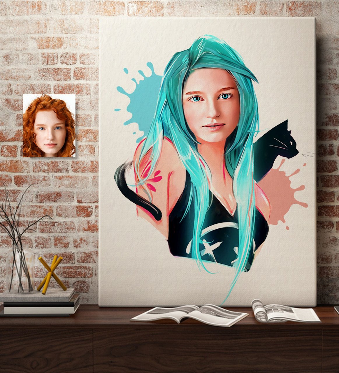 Kişiye Özel Kedili Kız Karikatürlü Kanvas Tablo 50x70cm-1