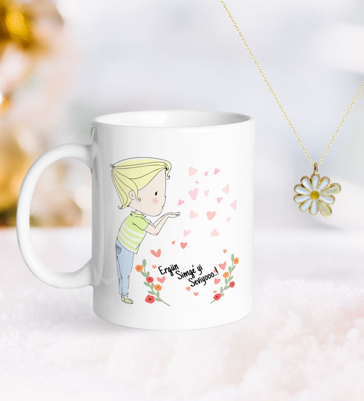 Kişiye Özel Sevgililer Günü Kupa ve Çift İsimli Papatya Kolye-61