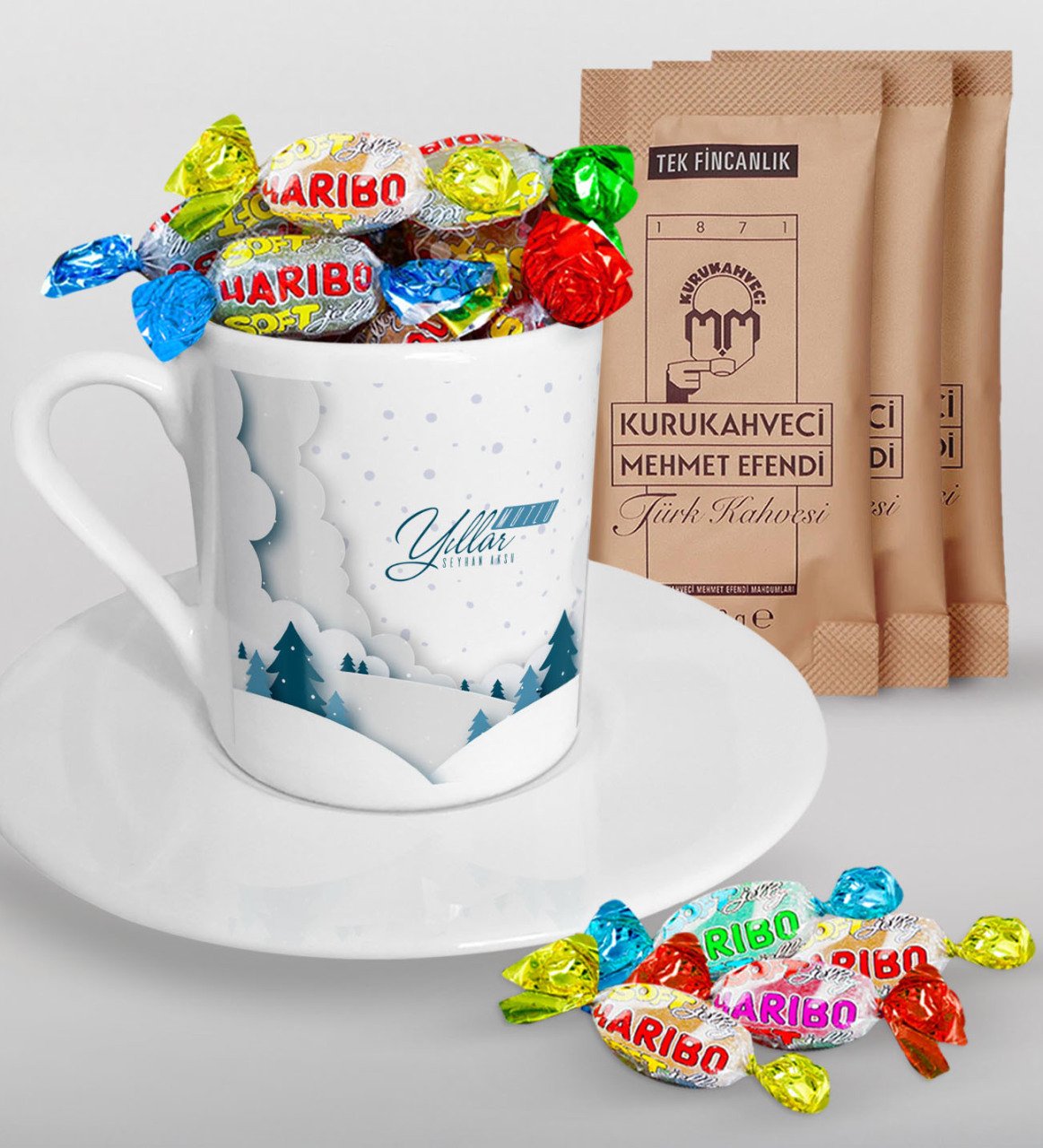 Kişiye Özel Yılbaşı Mutlu Yıllar Türk Kahvesi Fincanı Mehmet Efendi Kahve ve Haribo Şeker Hediye Seti-26