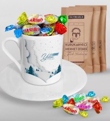 Kişiye Özel Yılbaşı Mutlu Yıllar Türk Kahvesi Fincanı Mehmet Efendi Kahve ve Haribo Şeker Hediye Seti-26
